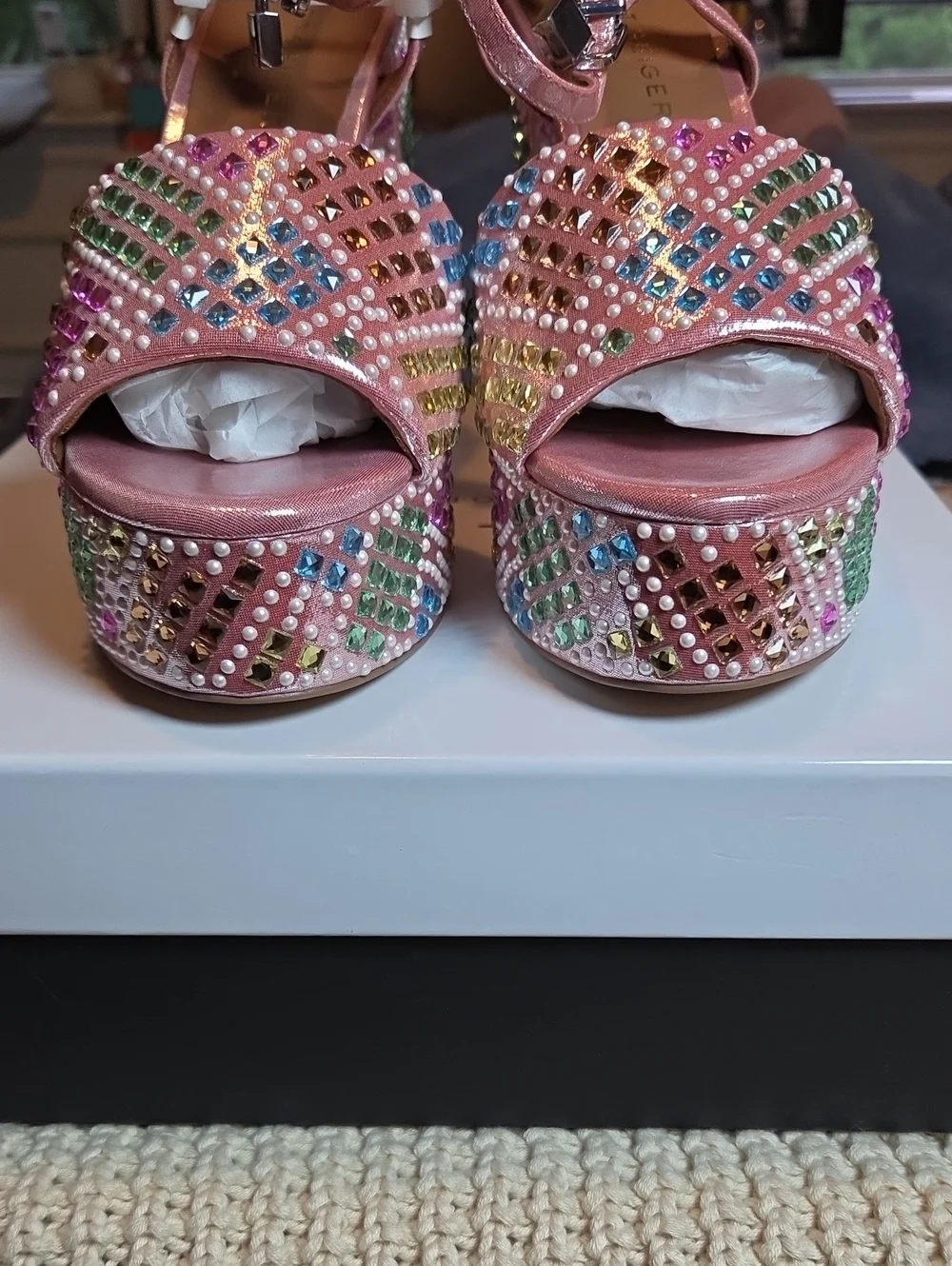 Kurt Geiger London Brixton Platform Heel Sandal Shoe Pink Embellished Sz 9.5